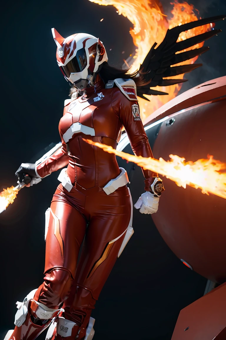 1girl, Absurd resolution, high resolution, (masterpiece: 1.4), hyper-detail, a mech, red armor with red wings, floating flight in the sky (1.8) background is wild, fire, full bodysuit, 