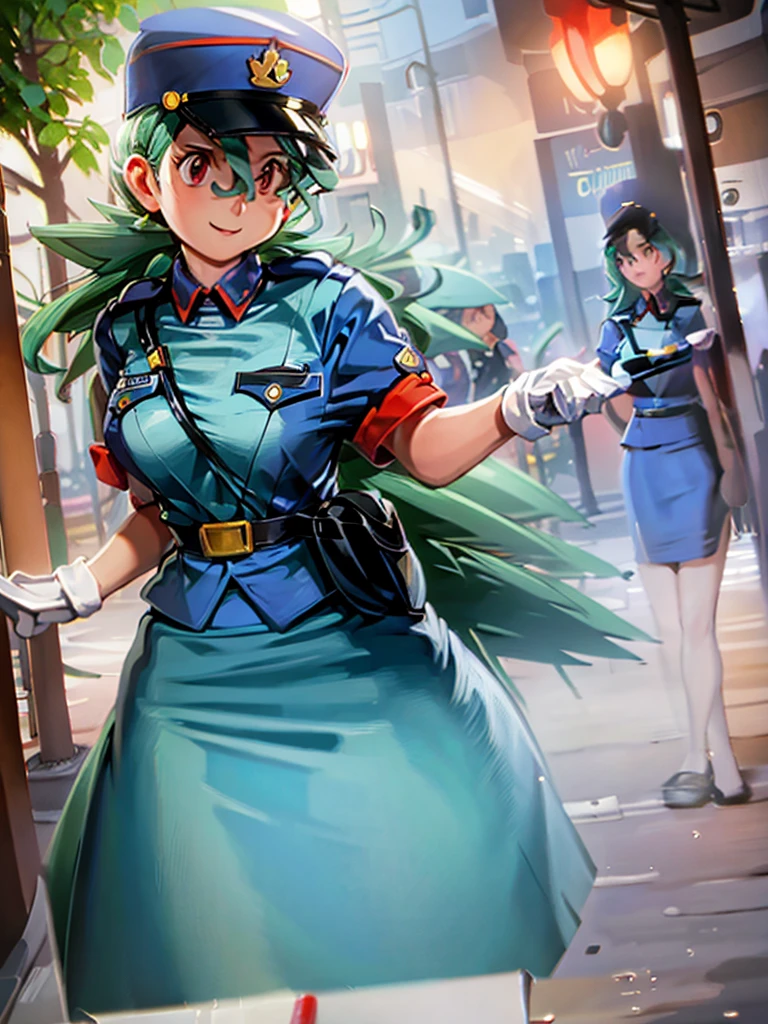 masterpiece, best quality, ultra-detailed, officer jenny, pokemon, 1girl, solo, long hair, smile, red eyes, green hair, white gloves, police hat, miniskirt, bag, star (symbol), uniform, blue skirt, blue shirt, pencil skirt, brown pantyhose, police uniform, realistic, city background volumetric lighting, intricate details, tonemapping, sharp focus, hyper detailed