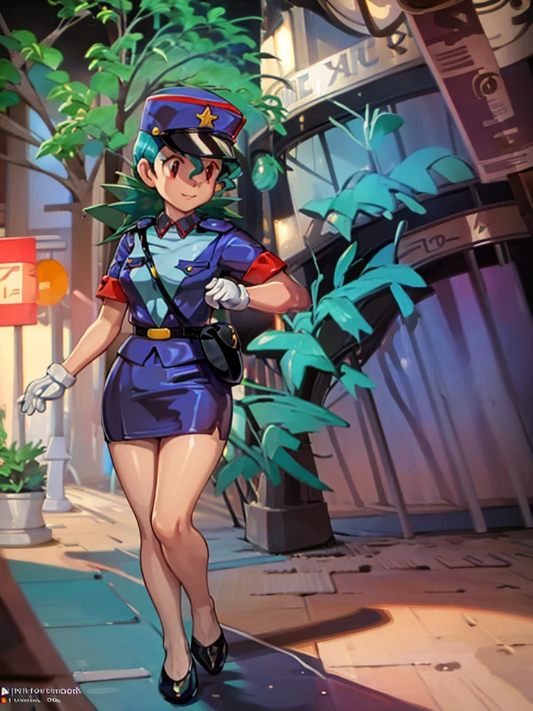 masterpiece, best quality, ultra-detailed, officer jenny, pokemon, 1girl, solo, long hair, smile, red eyes, green hair, white gloves, police hat, miniskirt, bag, star (symbol), uniform, blue skirt, blue shirt, pencil skirt, brown pantyhose, police uniform, realistic, city background volumetric lighting, intricate details, tonemapping, sharp focus, hyper detailed