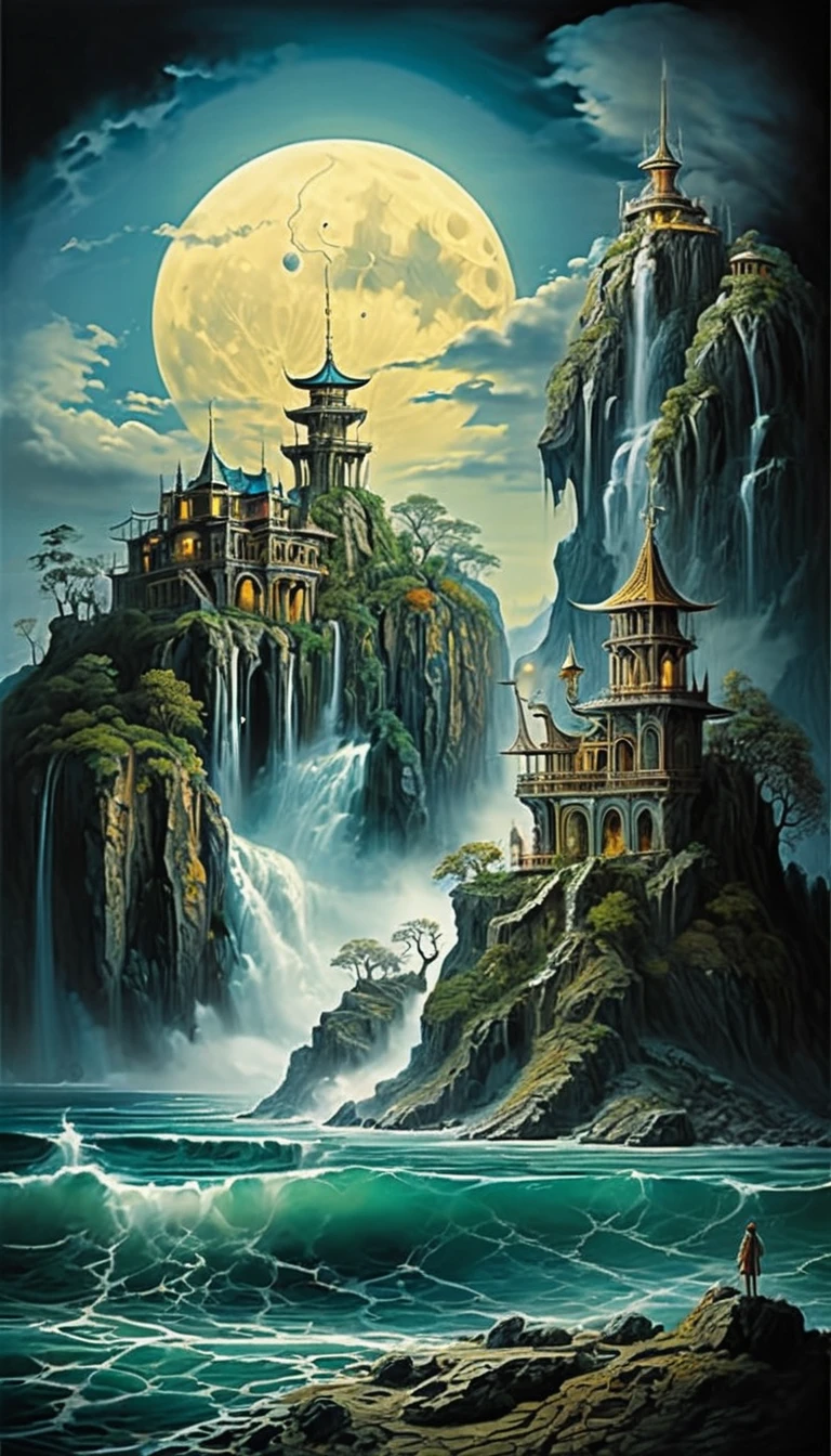 
            A huge cliff in the middle of the sea(There are rough waves and spray under the cliff)，A mysterious island with a waterfall in the middle，Surrounded by mountains, there is a crystal castle on a mysterious island that emits the light of the gods. In the background, there is a huge blue full moon and a thick fog atmosphere. It is a mysterious, majestic and majestic masterpiece., Surrealism, Abstract luminism art aesthetic magical landscape, Intricate Fantasy Paintings, Detailed Fantasy Art Fantasy Illustrator Mystical Illusion Art, Extremely detailed dream scenes, perfectly composed, intricately detailed, meticulous digital art