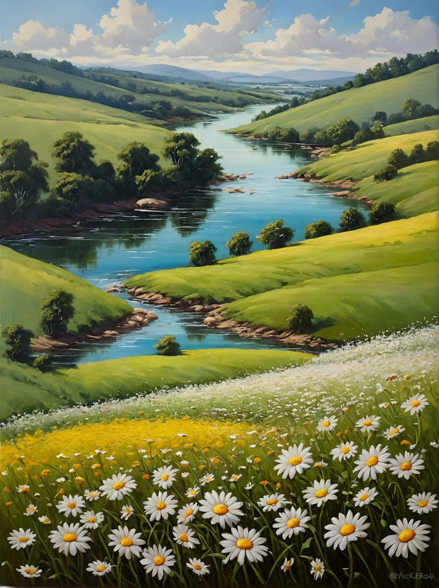 Painting of a field of daisies and a river in the distance, meadowกับดอกไม้, meadow on hills, flower field, โดย Eugene Tertychnyi, [ oil painting ]!!, landscape oil painting, By Franciszek Starowiecki, Summer landscape, meadowฤดูร้อน, By Sylvester Chadrin, meadow, By Deshko Usunov