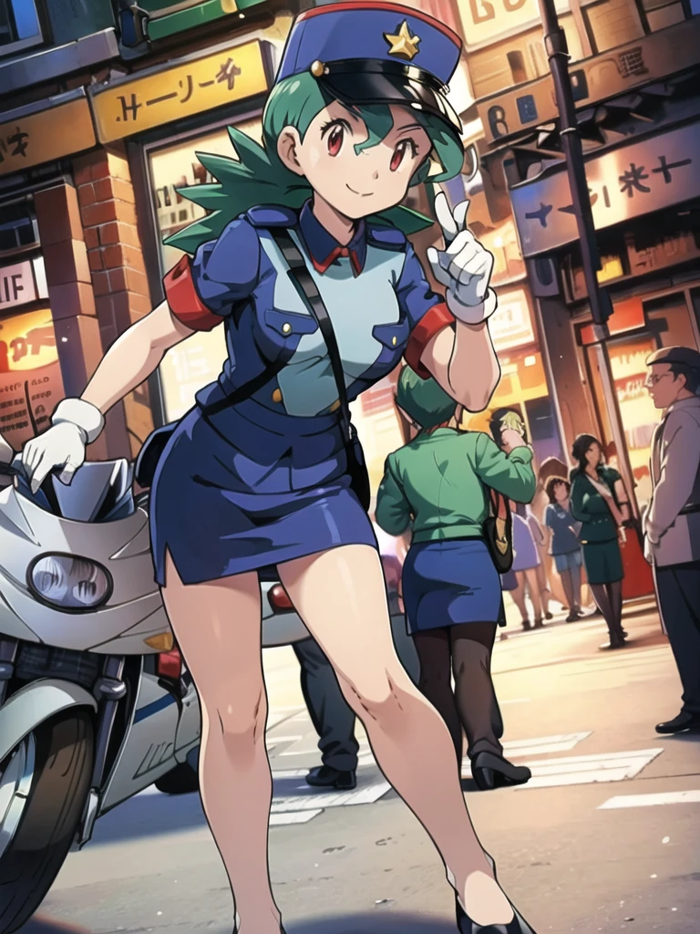 masterpiece, best quality, ultra-detailed, officer jenny, pokemon, 1girl, solo, long hair, smile, red eyes, green hair, white gloves, police hat, miniskirt, bag, star (symbol), uniform, blue skirt, blue shirt, pencil skirt, brown pantyhose, police uniform, realistic, city background volumetric lighting, intricate details, tonemapping, sharp focus, hyper detailed