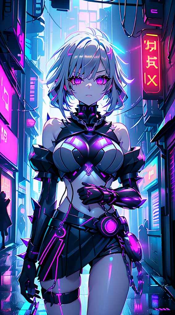 top-quality、Top image quality、​masterpiece、Android Girl((sixteen years old 、Broken, skinny , cybersuit glowing black, red and white、neon  energy source for the chest 、Light blue shiny hair、Long hair , spiky hair, messy hair, long fringe on hair, holding a chain whip, chains around her body, giant chains, Cyber Skirt、purple neon eyes 、Valley、Happiness、A slender)）hiquality、Beautiful Art、Background streets (cyberpunk city、masutepiece、Elaborate design、visualart、Theatrical films, glowing neon eyes, cyberpunk, futuristic, white silver hair, no pupils on eyes