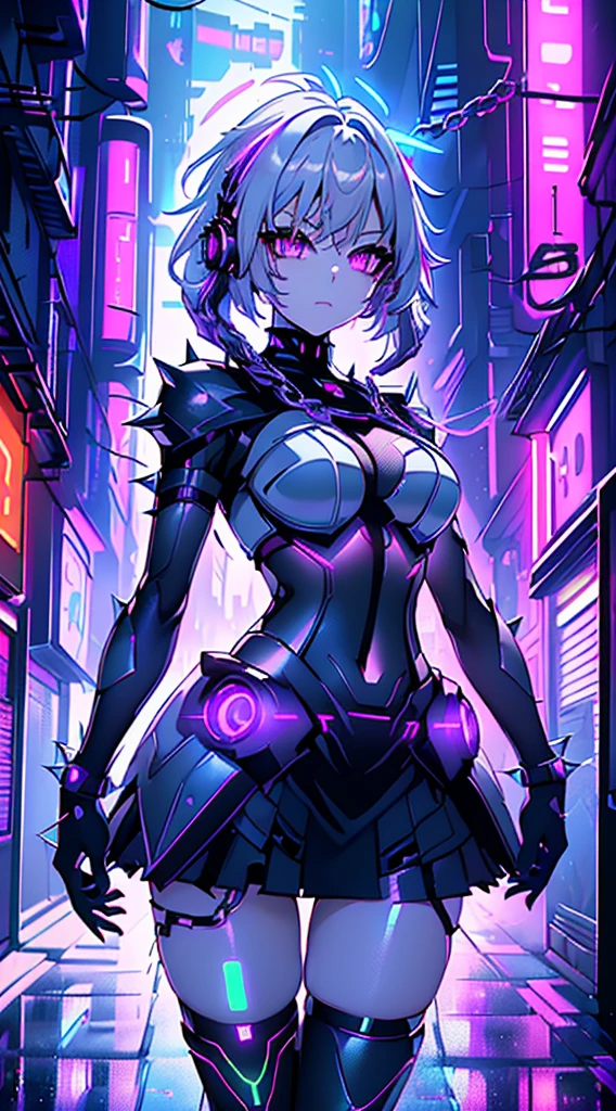 top-quality、Top image quality、​masterpiece、Android Girl((sixteen years old 、Broken, skinny , cybersuit glowing black, red and white、neon  energy source for the chest 、Light blue shiny hair、Long hair , spiky hair, messy hair, long fringe on hair, holding a chain whip, chains around her body, giant chains, Cyber Skirt、purple neon eyes 、Valley、Happiness、A slender)）hiquality、Beautiful Art、Background streets (cyberpunk city、masutepiece、Elaborate design、visualart、Theatrical films, glowing neon eyes, cyberpunk, futuristic, white silver hair, no pupils on eyes