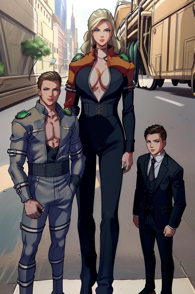 Tall wife in the middle, short husband in the left, short son in the right, beautiful faces, wife is wearing suit and pants, wife has big , wife is showing cleavage, wife is ripped, wife's suit has a belly button cutout, wife has ripped visible abs, make the girls even more taller than the boys, boys are very thin and weak, boys wearing suit and pants, wife is standing barefoot, boys are wearing office shoes