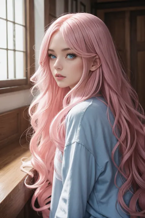 Woman, long wavy hair, pink hair, blue eyes 