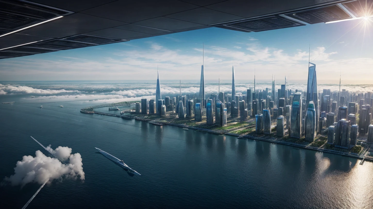 (Best quality,4K,8K,A high resolution,Masterpiece:1.2),Ultra-detailed,(Realistic,Photorealistic,photo-realistic:1.37),Futuristic floating city,Futuristic technology,Huge urban high-tech tablet platform,Airship,Floating in the sky,Futuristic city,Small airships around,High-tech hemispherical platform,Colorful lights,Advanced architecture,modernn architecture,skyscrapper,Access the cloud,Scenic beauty,view over city,Impressive design,Blend seamlessly with nature,energetic and vibrant atmosphere,Futuristic transportation system,Parking is suspended,Transparent path,Lush greenery,Sky gardens,cascading waterfalls,Magnificent skyline,reflections on the water,Sparkling river,Architectural innovation,futuristic skyscrapers,Transparent dome,The shape of the building is unusual,Elevated walkway,Impressive skyline,Glowing lights,Futuristic technology,Minimalist design,Scenic spots,Panoramic view,Cloud Piercing Tower,Vibrant colors,epic sunrise,epic sunset,Dazzling light display,magical ambiance,The future city,Urban Utopia,LuxuryLifestyle,Innovative energy,sustainable development,Smart city technology,Advanced infrastructure,Tranquil atmosphere,Nature and technology live in harmony,Awesome cityscape,Unprecedented urban planning,Architecture connects seamlessly with nature,High-tech metropolis,A cutting-edge engineering marvel,The future of urban living,Visionary architectural concept,Energy-efficient buildings,Harmony with the environment,A city floating above the clouds,Utopian dreams become reality,The possibilities are endless,State-of-the-art transportation network,Green energy integration,Innovative materials,Impressive holographic display,Advanced communication system,Breathtaking aerial view,Quiet and peaceful environment,Modernist aesthetics,Ethereal beauty