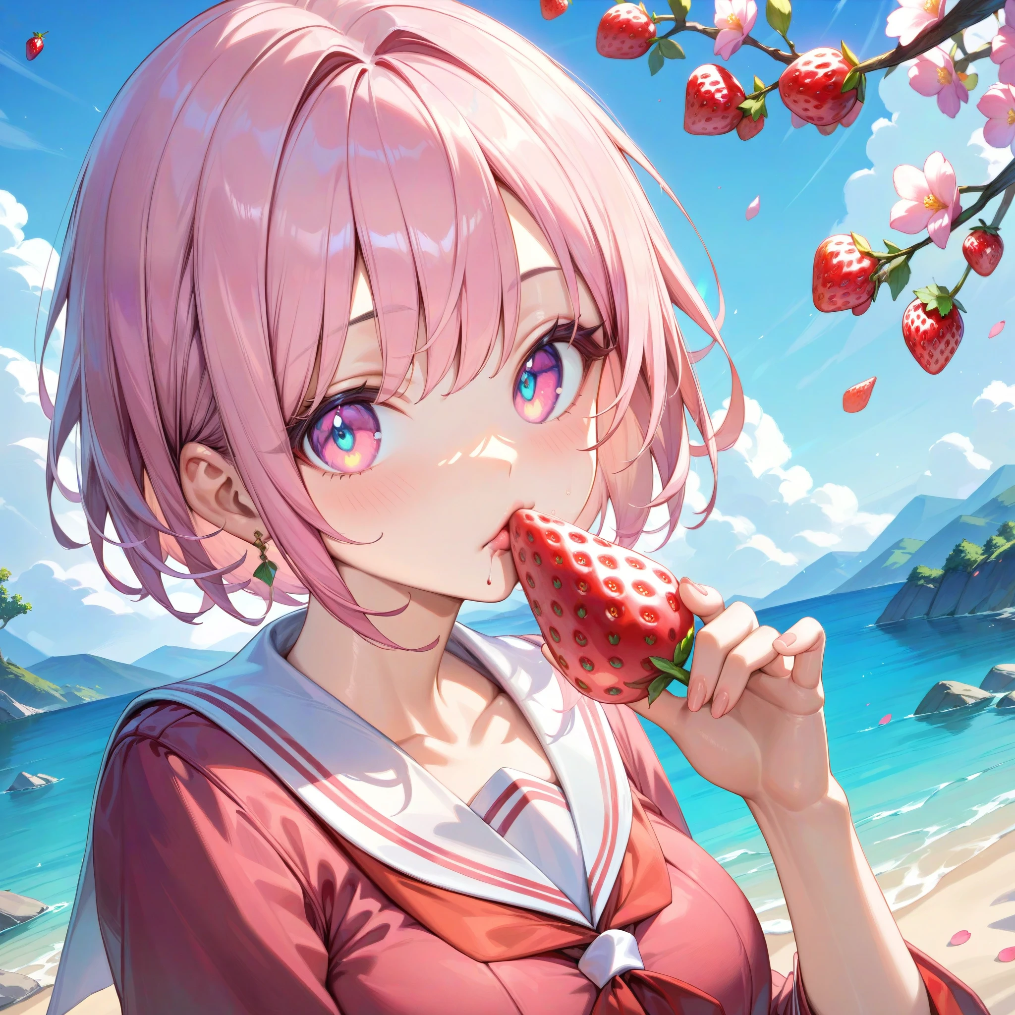 score_9, score_8_up, score_7_up, score_6_up, score_5_up, score_4_up, best quality, masterpiece, (detailed eye), 1girl, Japanese girl, BREAK 

High school girls in sailor suits eating strawberries under a cherry tree