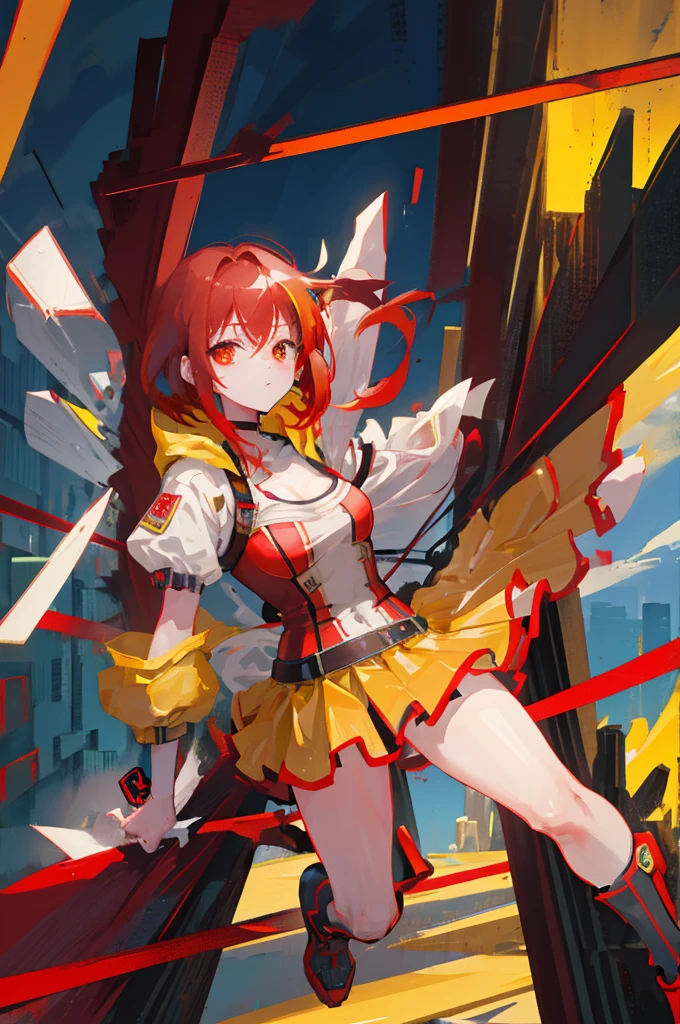 　Red Hair　Yellow Eyes　Bob　外はねBob　Confused eyes　Bob　Red Hair　Thick, vibrant red hair　Bob　whole body　female性　female　Cyberpunk Costume　Yellow costume　黄色いCyberpunk Costume　Dynamic pose　battle　electricity　Bobヘア electricityを操る