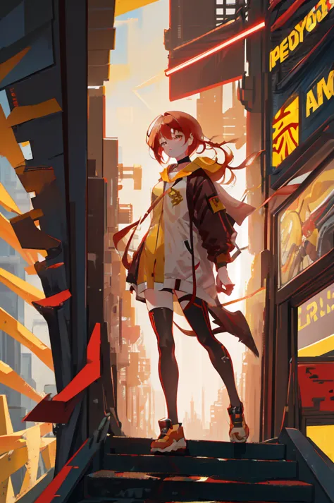 red hair　yellow eyes　bob　外はねbob　confused eyes　bob　red hair　thick, vibrant red hair　bob　female性　female　cyberpunk costume　yellow c...