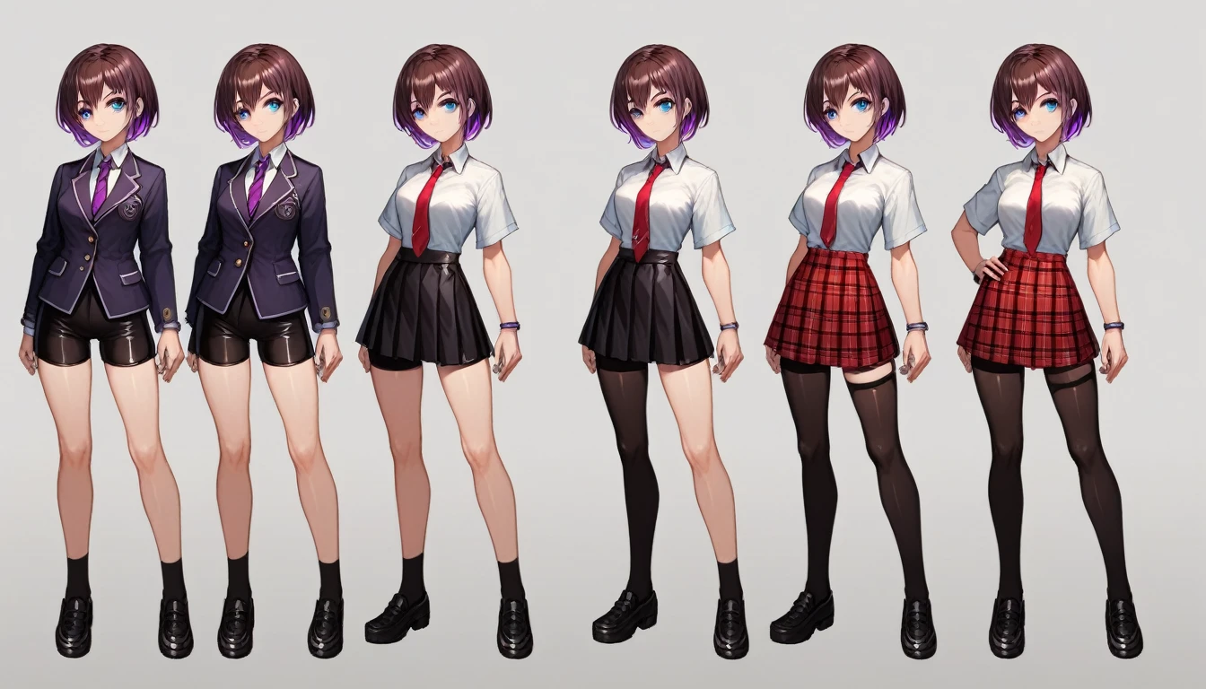 Solo, score_9,score_8_up,score_7_up, source_girl, school girl, teenage female, brown hair, wearing black bike shorts, black spandex shorts, 1.3, necktie, wearing school clothes, school outfit, standing, solo, full body, blue eyes, , plaid skirt, black spandex shorts, (short hair), character design, paper doll sheet, (purple highlights), brown hair,