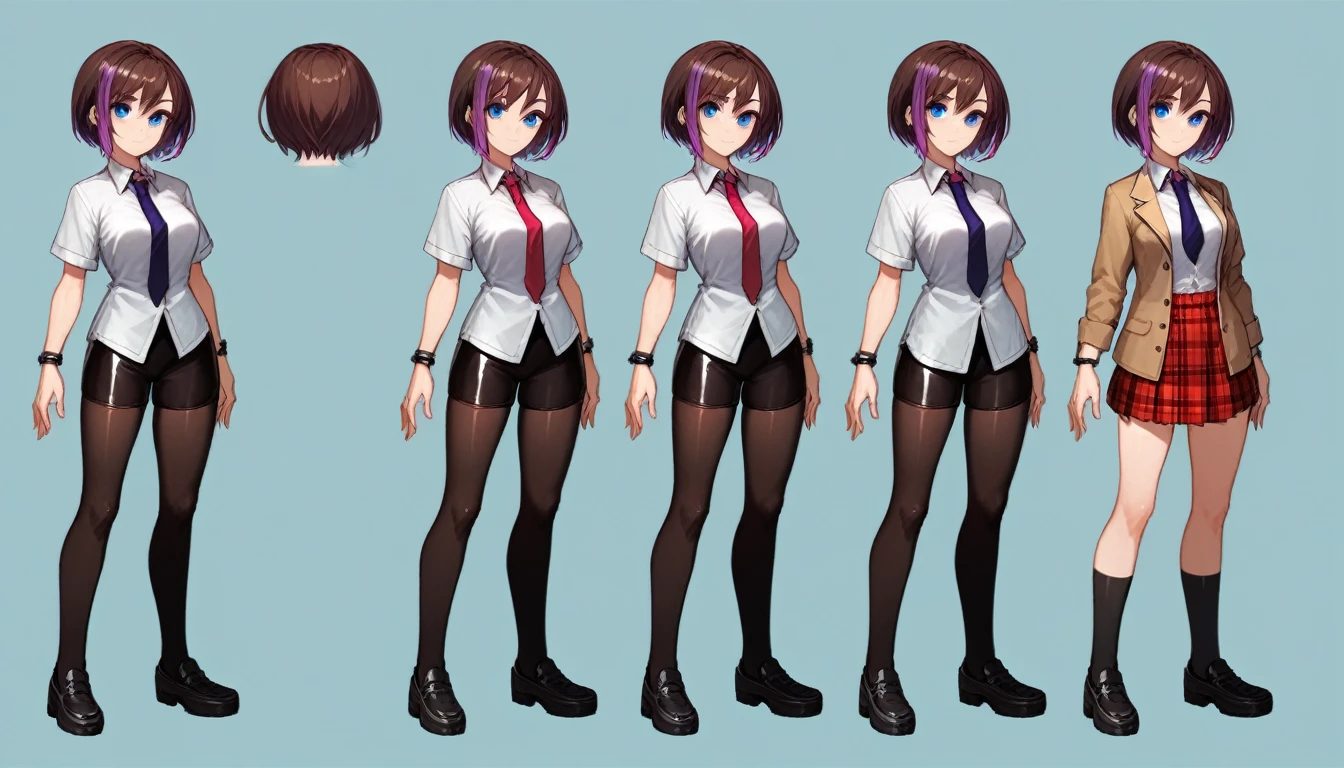 Solo, score_9,score_8_up,score_7_up, source_girl, school girl, teenage female, brown hair, wearing black bike shorts, black spandex shorts, 1.3, necktie, wearing school clothes, school outfit, standing, solo, full body, blue eyes, , plaid skirt, black spandex shorts, (short hair), character design, paper doll sheet, (purple highlights), brown hair,