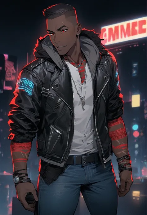 masterpiece, best quality, 1boy, t shirt, leather jacket, open jacket, muscular, scar across right eye , smug, dark skin, faded ...