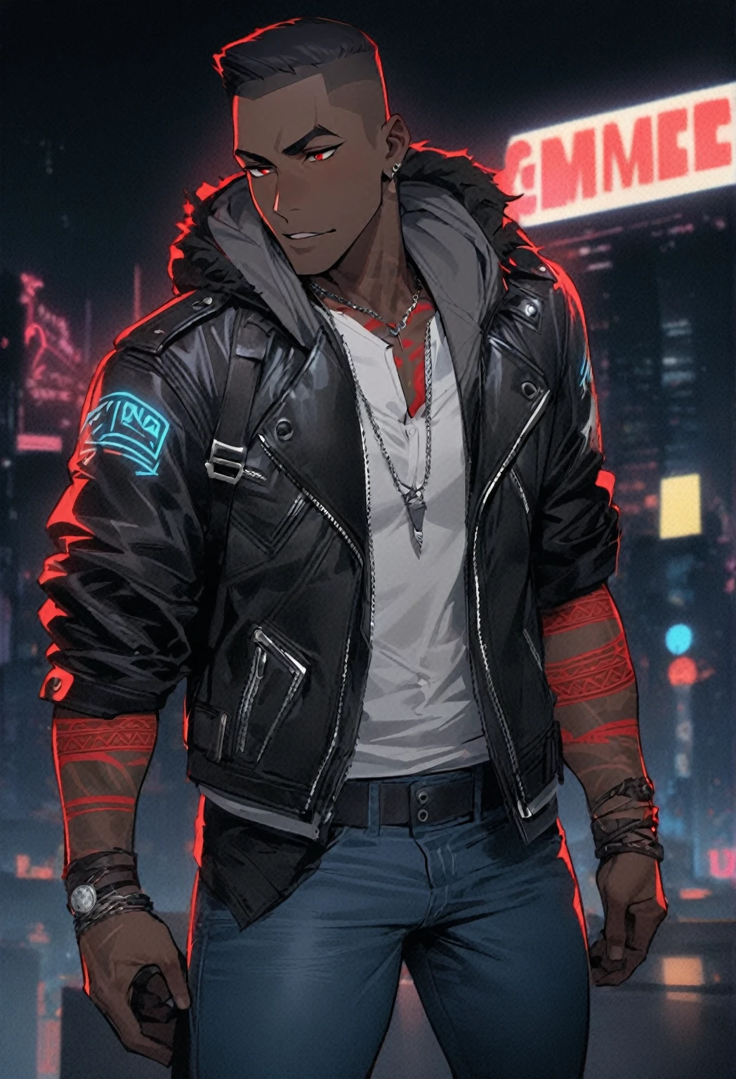 masterpiece, best quality, 1boy, t shirt, leather jacket, open jacket, muscular, scar across right eye , smug, dark skin, faded haircut , hi top hair, gangster clothing, white hair, black hair lights, red eyes, African American skin tone, tattoos on arms, neon lights,nighttime city. African American male with faded haircut, On his upper body, he wears three layers of clothes: a button-up white shirt with a protruding collar kept partially buttoned, a plain gray hoodie, and a black leather jacket with a red interior, two horizontal white lines on each sleeve, and a red tribal design on the back. On his lower body, he wears plain blue jeans and black shoes