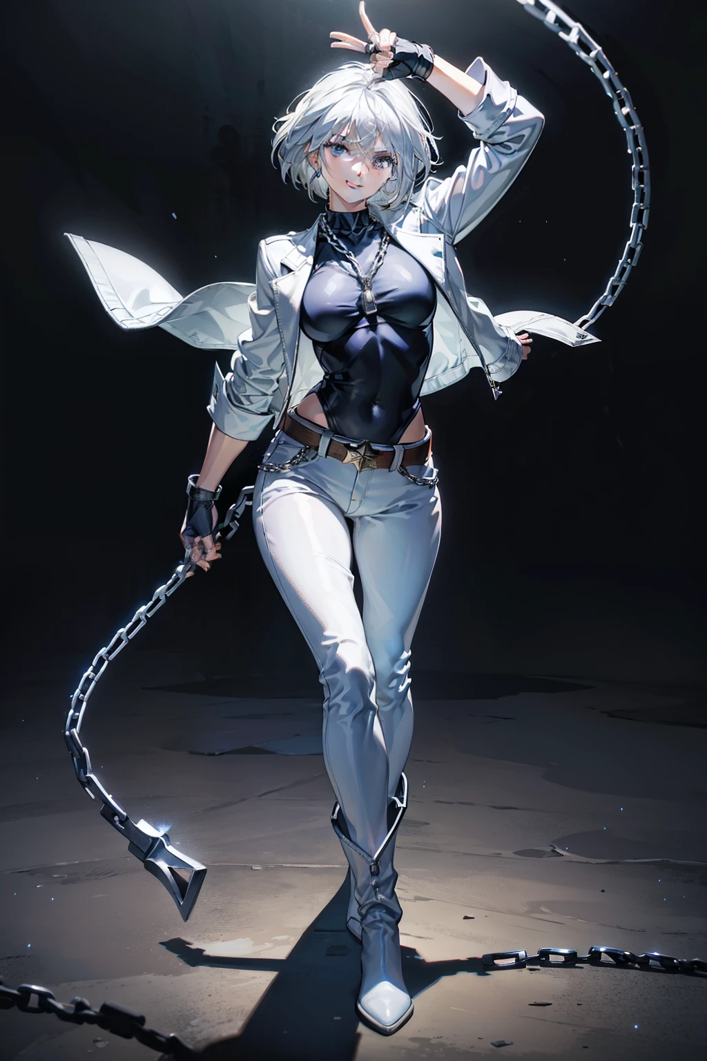 (masterpiece), best quality, silver eyes, perfect face, highres, 1girl, solo, angelms, white hair, white jacket, jeans, fingerless gloves, atacking pose, dancing around chains, evil smile, long boots, fanstasy background, cowboy shot, fullbody shot, looking at the viewer, from front, holding chains, long chain  whip