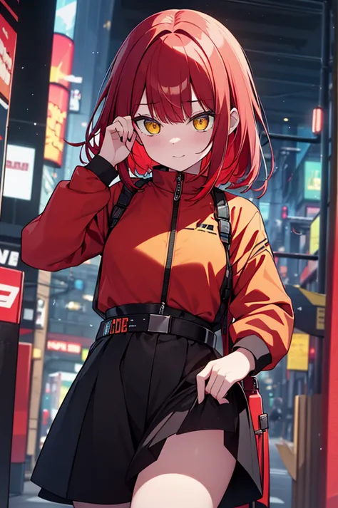 red hair　yellow eyes　bob　外はねbob　confused eyes　bob　red hair　thick, vibrant red hair　bob　female性　female　cyberpunk costume　yellow c...