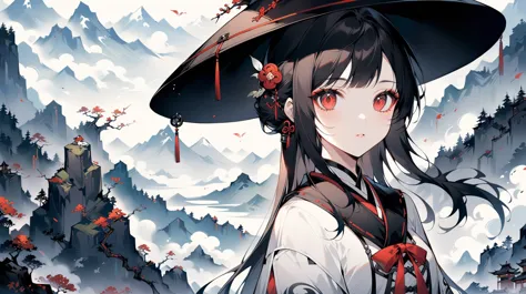 anime girl with a hat on her head standing in front of a mountain, beautiful character painting, artwork in the style of guweiz,...