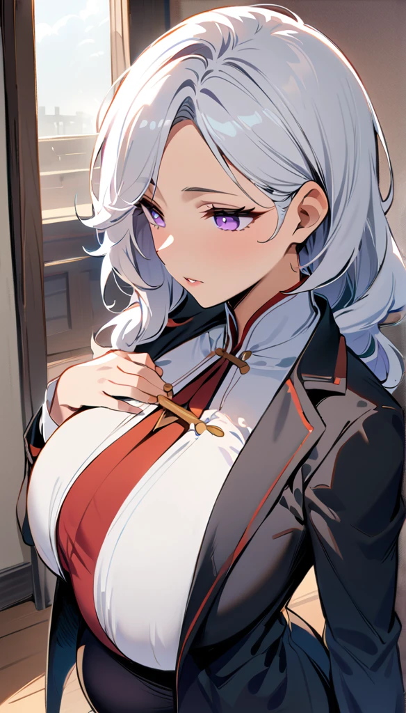 (masterpiece, best quality:1.2), illustration, 8k, HD, 1 girl, solitary, (((white hair, Purple Eyes, Black coat,))) Huge Breasts, Black pants, indoors, (Task:0.5), High, Mature, elegant, Black gloves, Upper Body, From the front, Long hair,pregnant