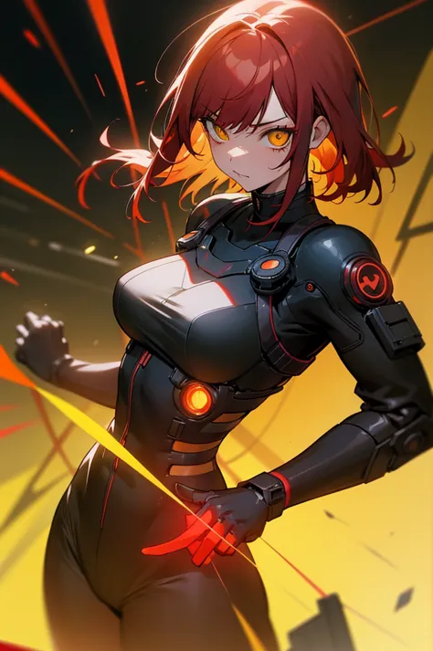 red hair　yellow eyes　bob　外はねbob　confused eyes　bob　red hair　thick, vibrant red hair　bob　female性　female　cyberpunk costume　yellow c...