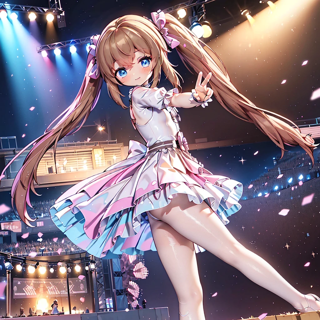 Solo girl, comical, kawaii, Blue eyes, light brown hair, back high twintails, front braids, princess dress, smile, from side, dance at the stage, neon and led lights, posing, sexy, high-resolution image, masterpiece, high quality, attractive eyes, perfect leg, perfect body, 2 legs
