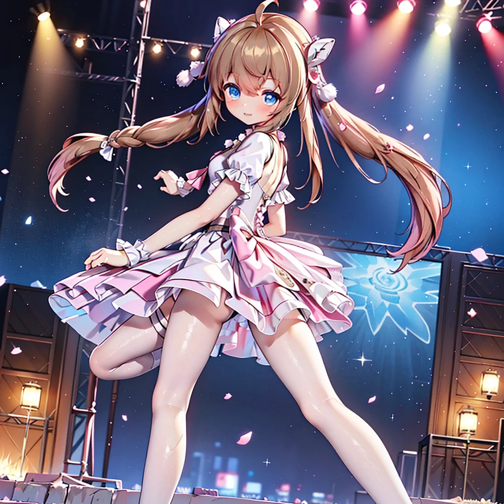 Solo girl, comical, kawaii, Blue eyes, light brown hair, back high twintails, front braids, princess dress, smile, from side, dance at the stage, neon and led lights, posing, sexy, high-resolution image, masterpiece, high quality, attractive eyes, perfect leg, perfect body, 2 legs
