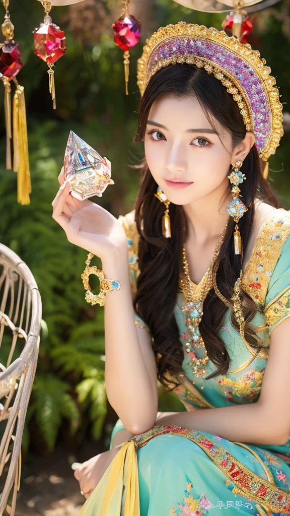 A beautiful and elegant Japanese female fortune teller、Age: 18 to 21 years、Colorful jeweled hair ornaments、Jeweled frame、Hair is brown, almost black、Always place the crystal on the palm of your hand.、The light always shines from the crystal.、Crystal is always crystal、The background and clothes are gold、In the background there is a circle-shaped interstellar、Image from the front、Camera-focused images、Ultra HD、Ultra-high resolution、Photorealistic、Traditional costumes of Dunhuang、Embroidered costume、Summer clothes、Glamorous Body、