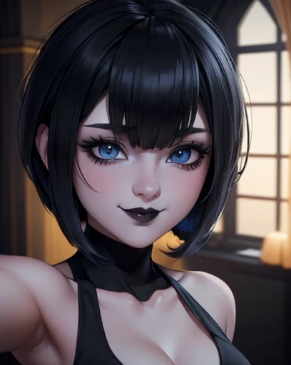 only face, selfie, wallpaper, full HD,  beautiful and detailed face with black lips and voluminous sensual smile, blue eyes white skin black eyeliner gothic makeup short bob hair with bangs 