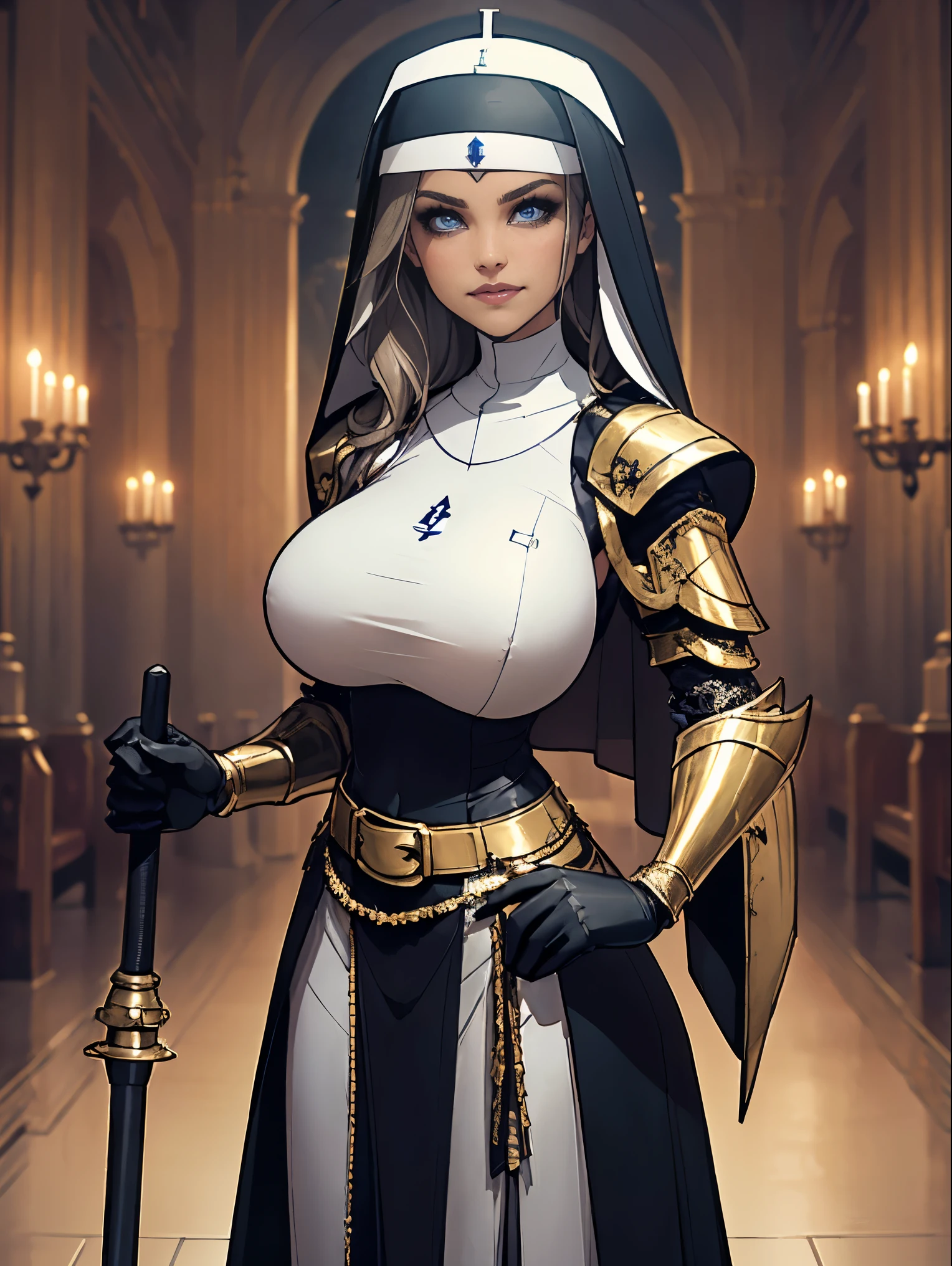 (masterpiece, top quality, best quality, official art, beautiful and aesthetic:1.2), (1girl:1.3), ((Sharp facial features, sharp features, hawkish features)), ((blue eyes)), busty paladin knight girl, extremely detailed, portrait, looking at viewer, solo, (full body:0.6), detailed background, full-body shot, (warm mountain meadow theme:1.1), holy knight, (nun), charlatan, smirk, mysterious, swaying in mountains, armor, polished metal, gold trim, long boots, white fabric, pelvic curtain, robe, pale leather, ((((nun, holy aura, corona, mace, heavy armor, armored, long legs, pelvic curtain, toned, muscular, chainmail)))), slim waist, slim hips, long legs, medieval (mountain exterior:1.1) background, dark mysterious lighting, shadows, magical atmosphere, dutch angle