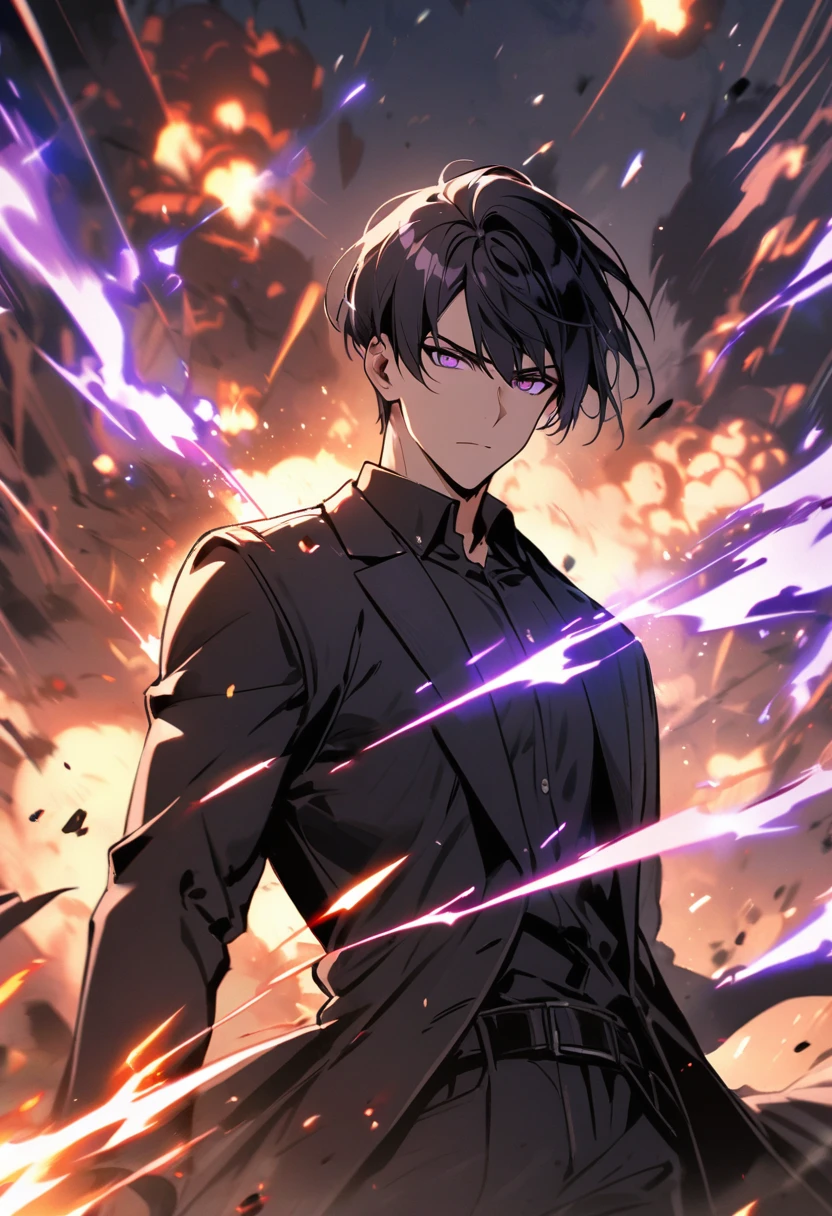 handsome, alone, 1 man, short hair, black hair, purple eyes, black shirt, black coat, Lots of power, explosions.