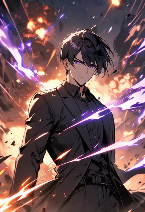 handsome, alone, 1 man, short hair, black hair, purple eyes, black shirt, black coat, lots of power, explosions.