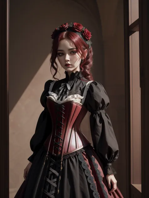 Gothic style 8k, masterpiece, highly detailed, 1girl, (red underbust corset), full body, long dress, roses, (lace blouse), rose ...