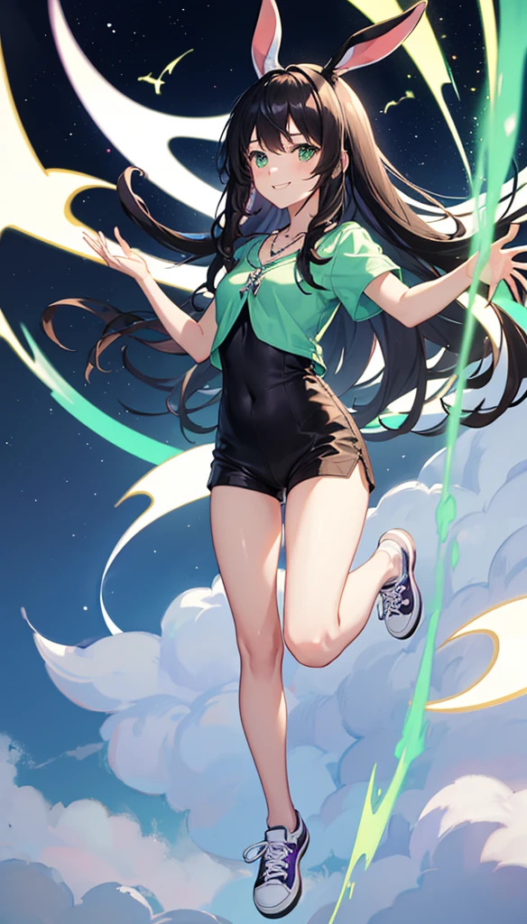 Good quality photo full body floating))(Teenage girl))アニメ)) teenage girl with straight black hair, slicked black hair, long  hair, black bunny ear band in hair, bunny ear band in hair, big hair, greeneyes, Caucasian skin, tight shirt pajamas, tight shirt, purple blouse, purple color blouse, short shorts , short shorts, little armor, green magic necklace, green necklace, greeneyes, smiling, confident, levitation powers, levitating, girl floating with powers, purple all star sneakers, 