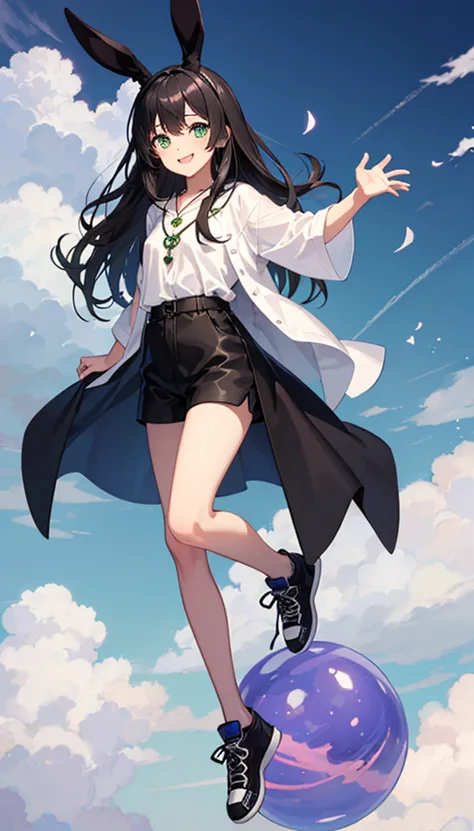 good quality photo full body floating))(teenage girl))アニメ)) teenage girl with straight black hair, slicked black hair, long  hai...