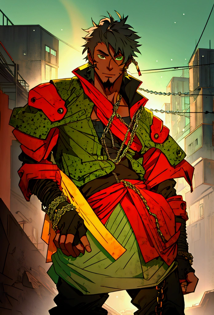 (front focus), Post Apocalypse background, Anime - style illustration of a young adult male with an oversize green tank top and chain around his waist, "(best quality,ultra-detailed),detailed right hand,(Fingerless Glove,Gloved hands), | | |, male anime character, City background, Sunset gradient background, Faded haircut, Black teenager, Young African-American man, smirking , goatee, afro hair, faded hairstyle