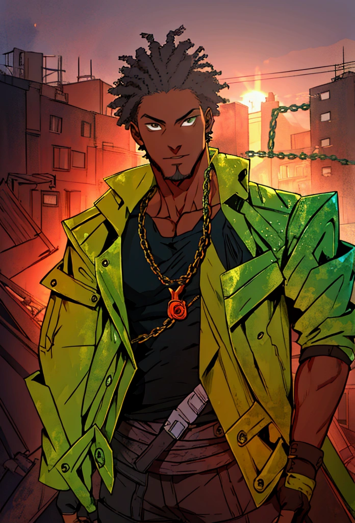 (front focus), Post Apocalypse background, Anime - style illustration of a young adult male with an oversize green tank top and chain around his waist, "(best quality,ultra-detailed),detailed right hand,(Fingerless Glove,Gloved hands), | | |, male anime character, City background, Sunset gradient background, Faded haircut, Black teenager, Young African-American man, smirking , goatee, afro hair, faded hairstyle