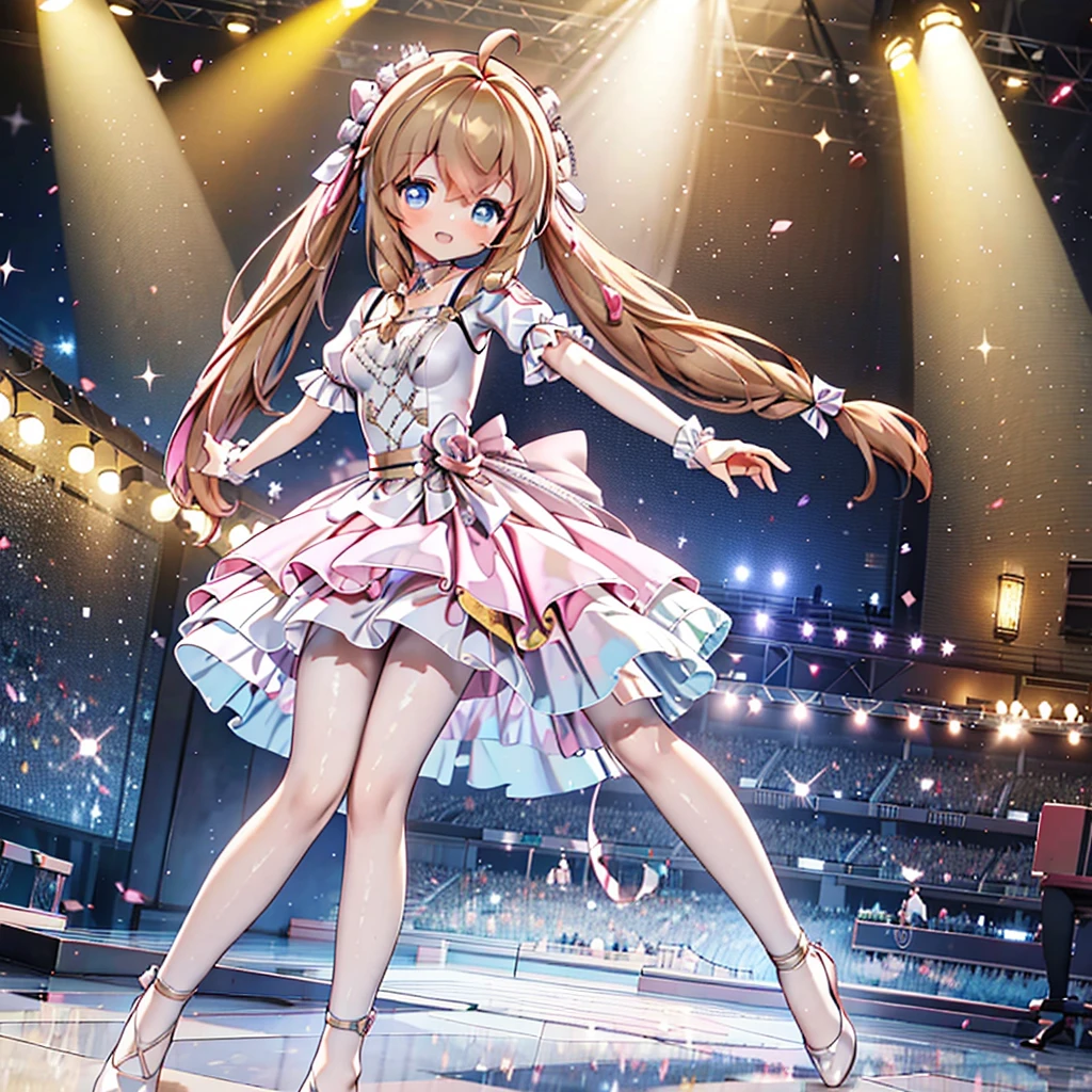 Solo, 1 girl, comical, kawaii, Blue eyes, light brown hair, back high twintails, front braids, (princess dress),  white top, ((yellow dress 1.5)), open mouth smile, from back, from below, dance at the stage, neon and led lights, posing, sexy, high-resolution image, masterpiece, high quality, attractive eyes, full body 
