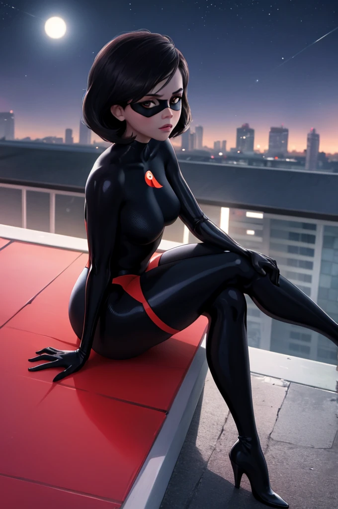 A highly detailed, highly realistic photograph of a female character sitting on a rooftop at night, looking directly at the viewer. She is wearing a bodysuit, elbow gloves, thigh-high boots, and a domino mask. The scene has a depth of field effect and lens flare, creating a cinematic atmosphere. The night sky and rooftop setting provide an outdoor, urban environment.