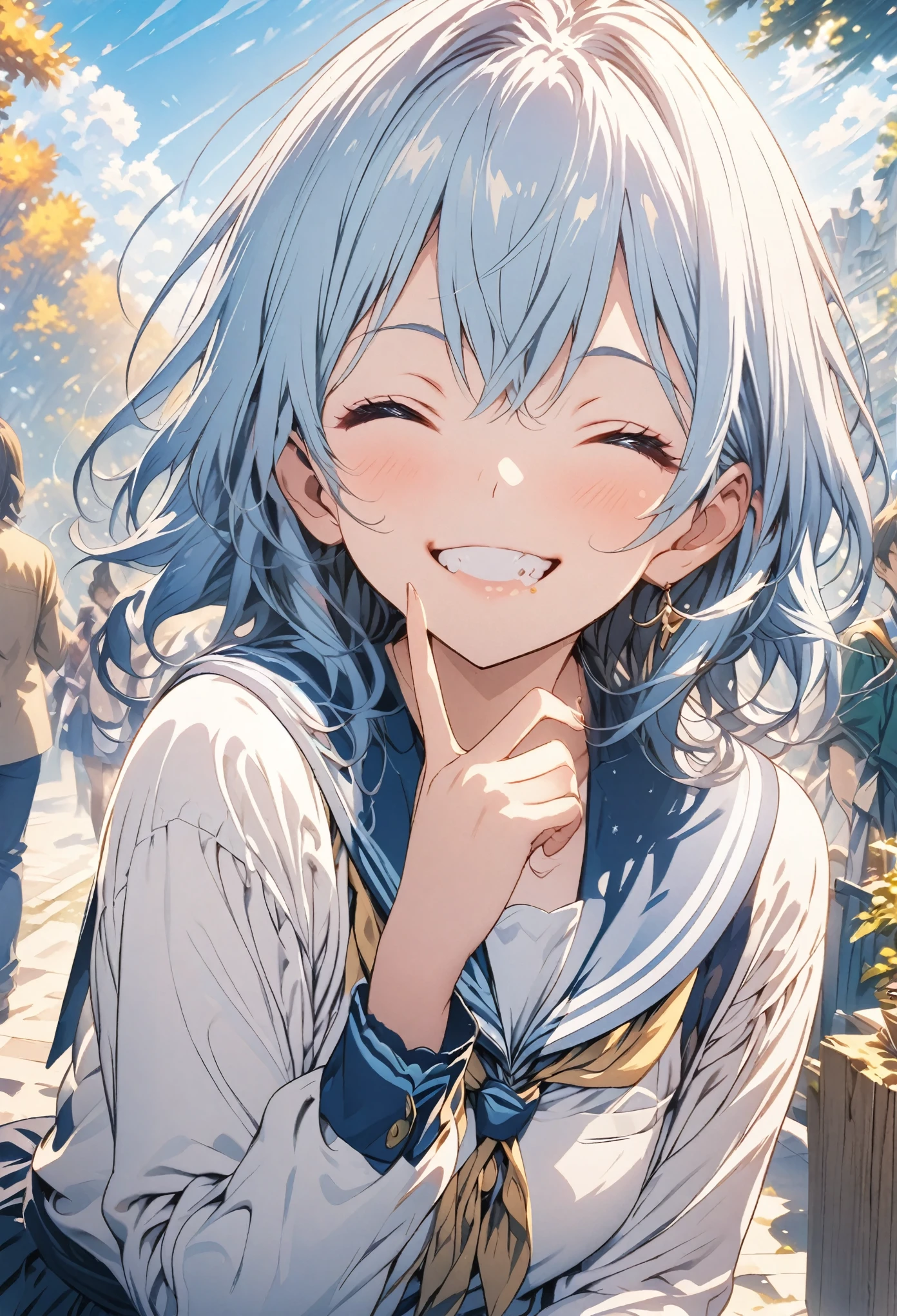 masterpiece, Highest quality, Highly detailed CG Unity 8K wallpapers, High School Girl Anime Illustration. Wearing a uniform、She is making the peace sign while eating her lunch、Blue Hair、she has her eyes closed and mouth open, smile. The background is a light pastel colored landscape