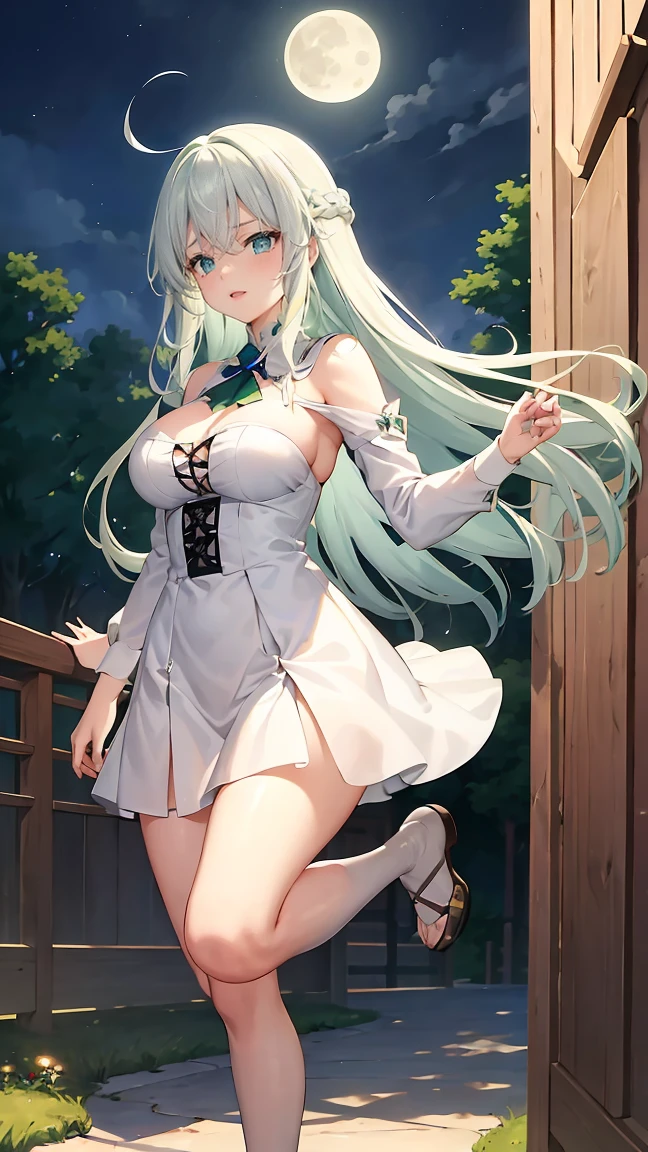 Girl with long green hair,Inner color and white hair、 Beautifully shaped breasts with tension, Green Eyes, Moonlight、moonlight、White Casual Beauty Special、、、,Full body photo from head to toe、Proud expression、Older sister、Emotionally rich facial expressions、(Jump and drop into the air)、A sharp face、