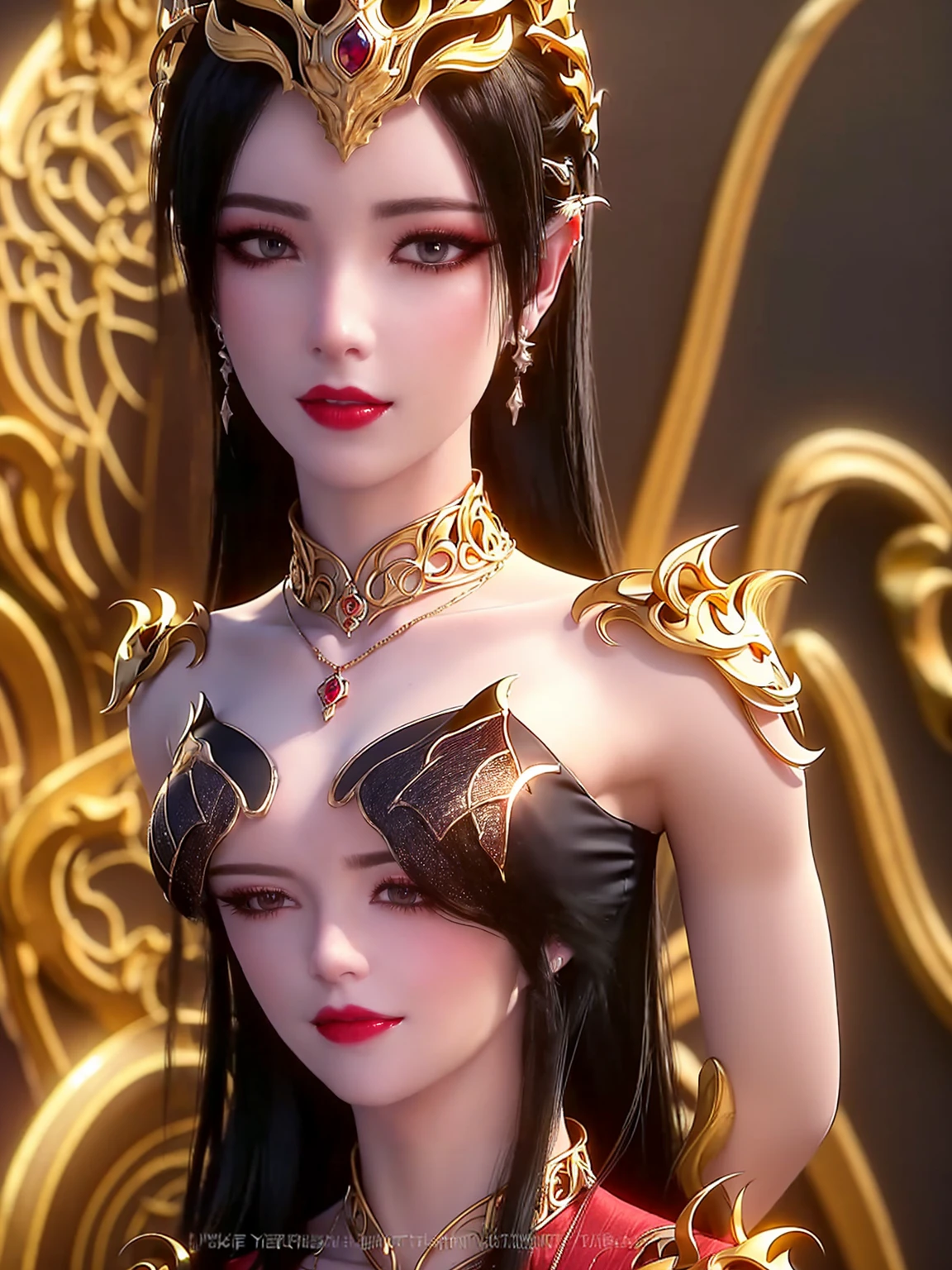 "An extremely 美麗的女王,(最好的品質,4k,高解析度,傑作:1.2),超詳細,(實際的,photo實際的,photo-實際的:1.37),美麗的女王,皇家服裝,閃閃發光的皇冠,彩色寶石,黃金權杖,優雅的姿勢,花園背景,柔和的燈光,鮮豔的色彩,精緻的五官,飄逸的長髮,又大又圓的乳房,黑眼圈瞳孔,大, 圓圓的白金眼睛很漂亮而且超級細緻,紅色細緻妝容眉毛,嘴巴緊緊閉著,夢幻般的氛圍,最完美的身體,空靈之美,驕傲的表情,將女王雙手背在身後,異常優雅,可愛又迷人,注重細節,富麗堂皇,童話般的氛圍,1 名女孩, 1 獨自一人,全身"