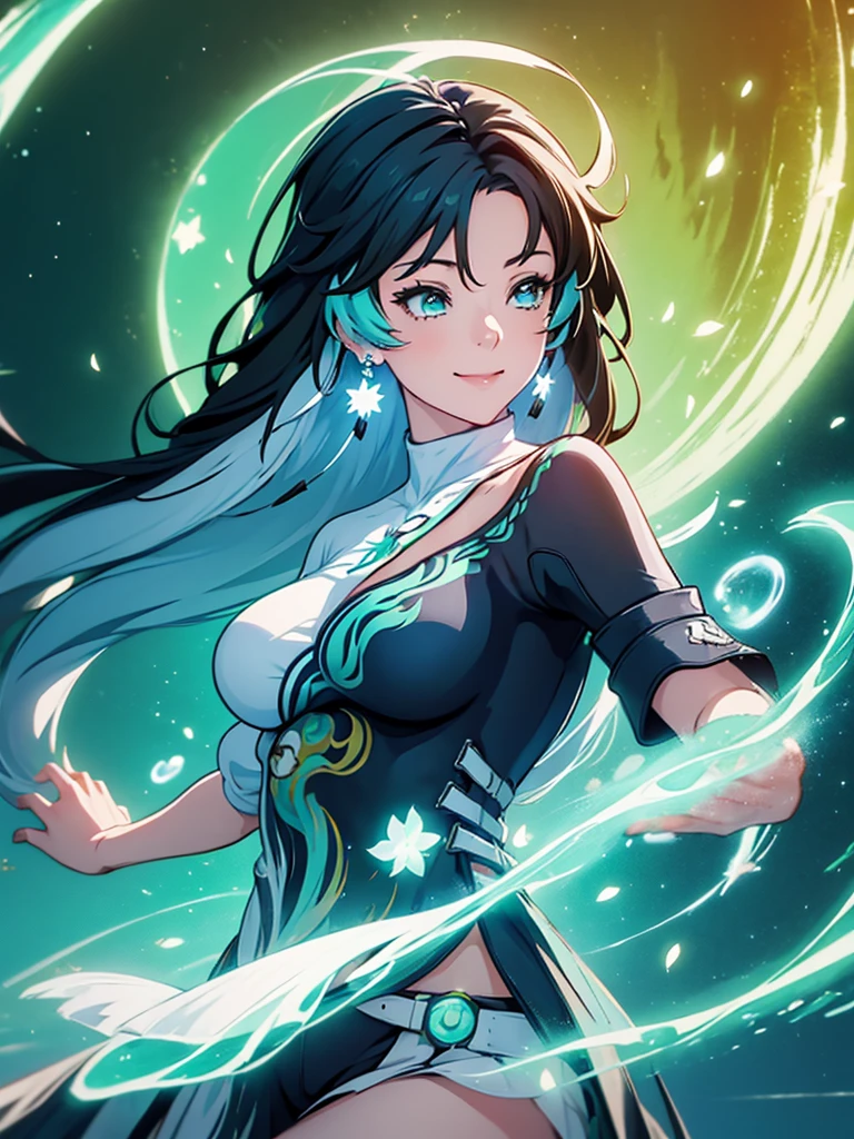 ((semi realistic)), ((Anime girl)), firefy, honkai star rail, green air particle, ((cyan aura surrounding character)), forest, Tao symbol, wide smiling, white flower, glowing fireflies