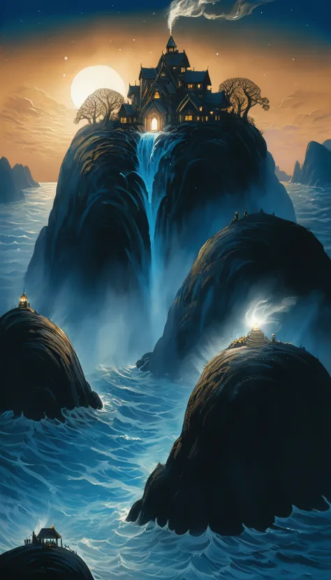 a huge cliff in the middle of the sea(there are rough waves and spray under the cliff)，a mysterious island with a waterfall in t...