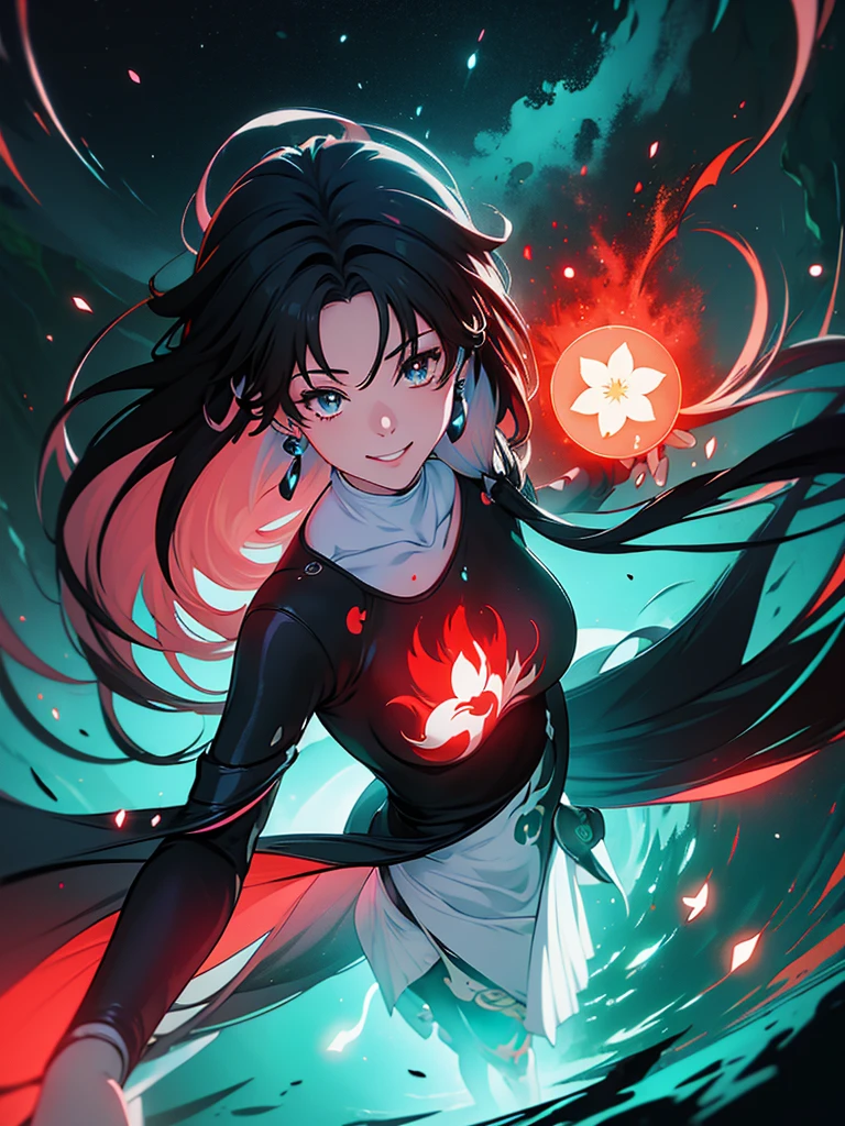 ((semi realistic)), ((Anime girl)), acheron, black red particle, ((cyan aura surrounding character)), forest, Tao symbol, wide smiling, red flower, glowing blood