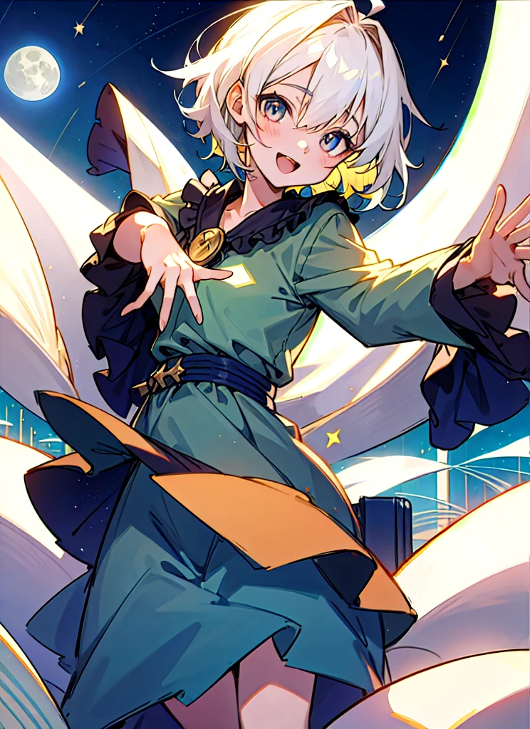 Anime art style, One girl, 一人in, chest, Looking_in_Audience, smile, short_hair, Open_mouth, big_chest, re_eye, hair_between_eye, upper_Reaching for the stars under the full moon