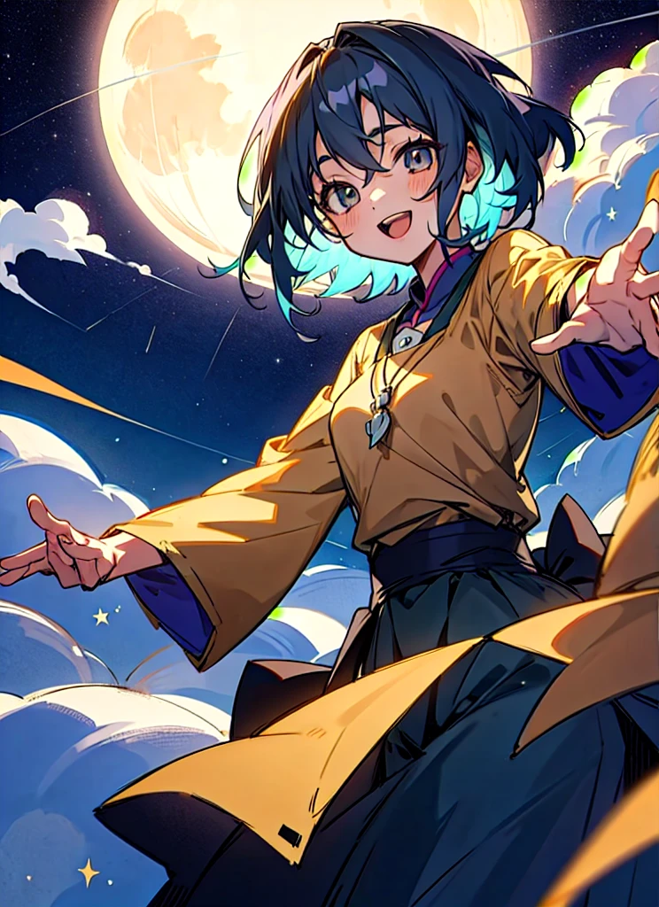 Anime art style, One girl, 一人in, chest, Looking_in_Audience, smile, short_hair, Open_mouth, big_chest, re_eye, hair_between_eye, upper_Reaching for the stars under the full moon