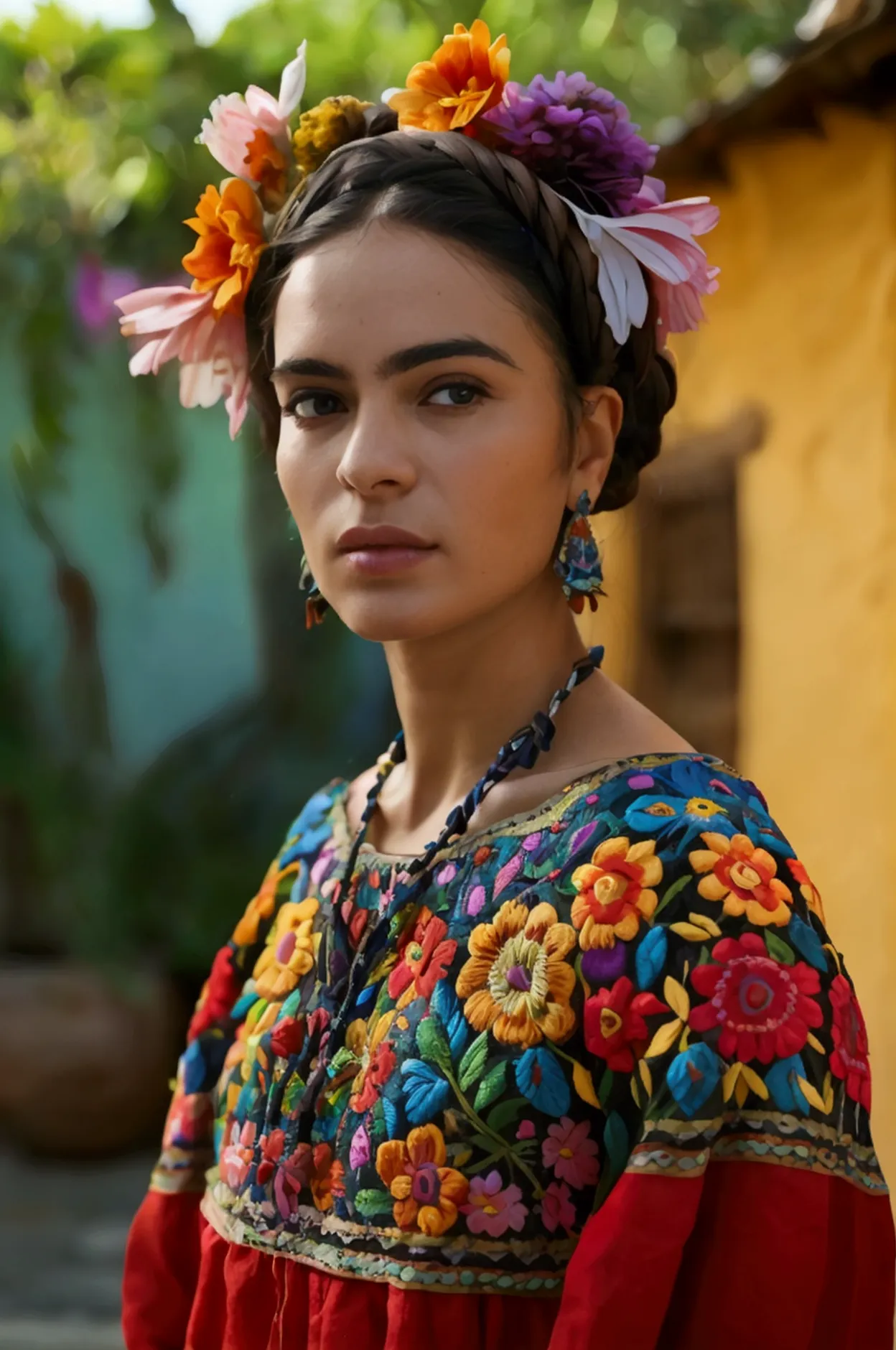 frida kalo, her summer dress is beautiful、she is standing in front of the cottage,oaxaca embroidered clothes