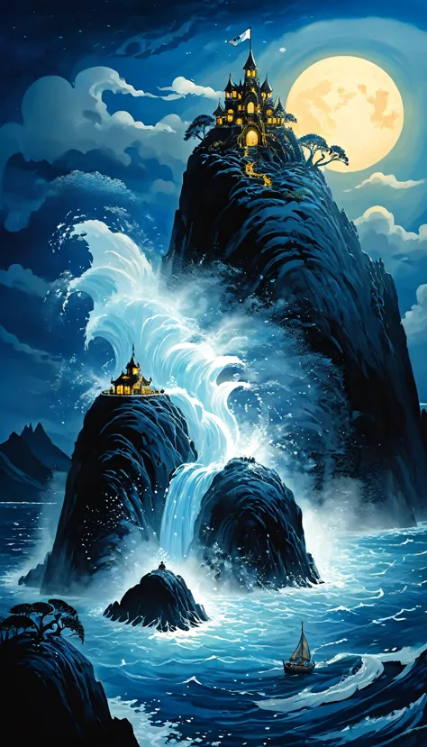 a huge cliff in the middle of the sea(there are rough waves and spray under the cliff)，a mysterious island with a waterfall in t...