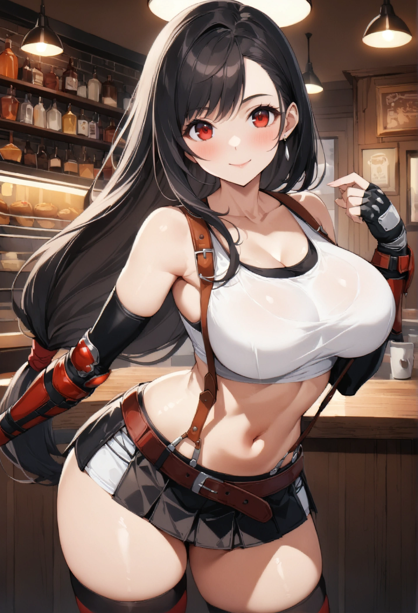 (score_9, score_8_up, score_7_up),  (best quality, masterpiece),perfect anatomy,(aesthetic,very aesthetic),official style,(intricate.hyper-detailed),overall detail, (ultra-high resolution), 1girl, tifa lockhart, final fantasy,(beautiful woman).tareme, black hair, low-tied long hair, red eyes, bangs, white tank top,gap, belt, pleated skirt, thighhighs, elbow fingerless gloves, elbow pads, midriff, navel,suspender skirt.zettai ryouiki ,,(large_breasts:1.2),Solo,mediumshot,looking_at_viewer,contrapposto, vibrant, joyful,cafe and bar, ,Framin,