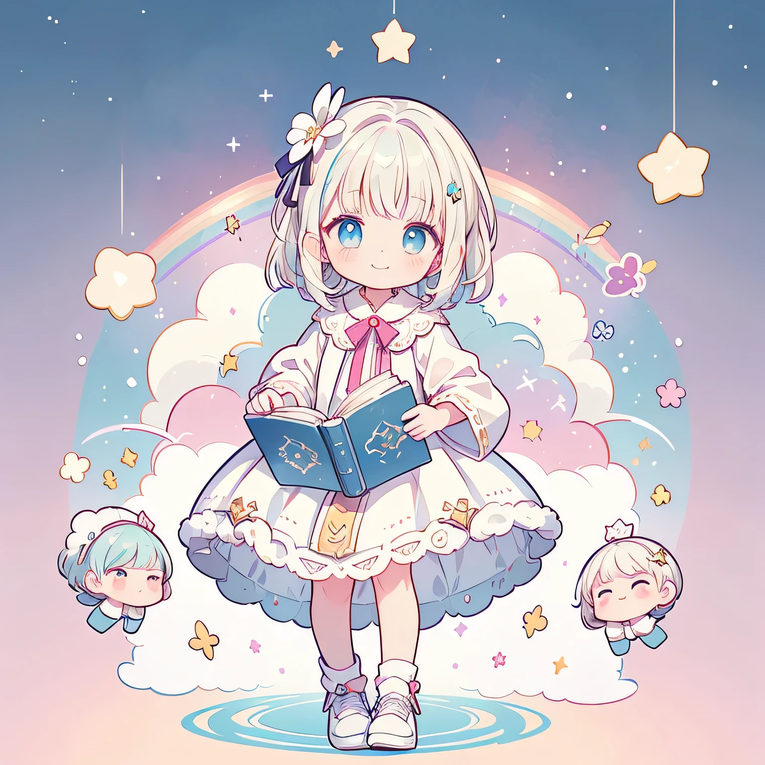 ((Highest quality，masterpiece，Extremely intricate and detailed，A short girl with fluffy white hair is in the center.，Girl with star-shaped hairpin, White curly hair，The tips of the hair are curled，Light rainbow colored clothes，A girl wearing a fluffy white dress))，(White sneakers，smile，Holding a book, Correct Anatomy)，Card Captor Sakura, Super cute short full body portrait of Super Q，No background at all,