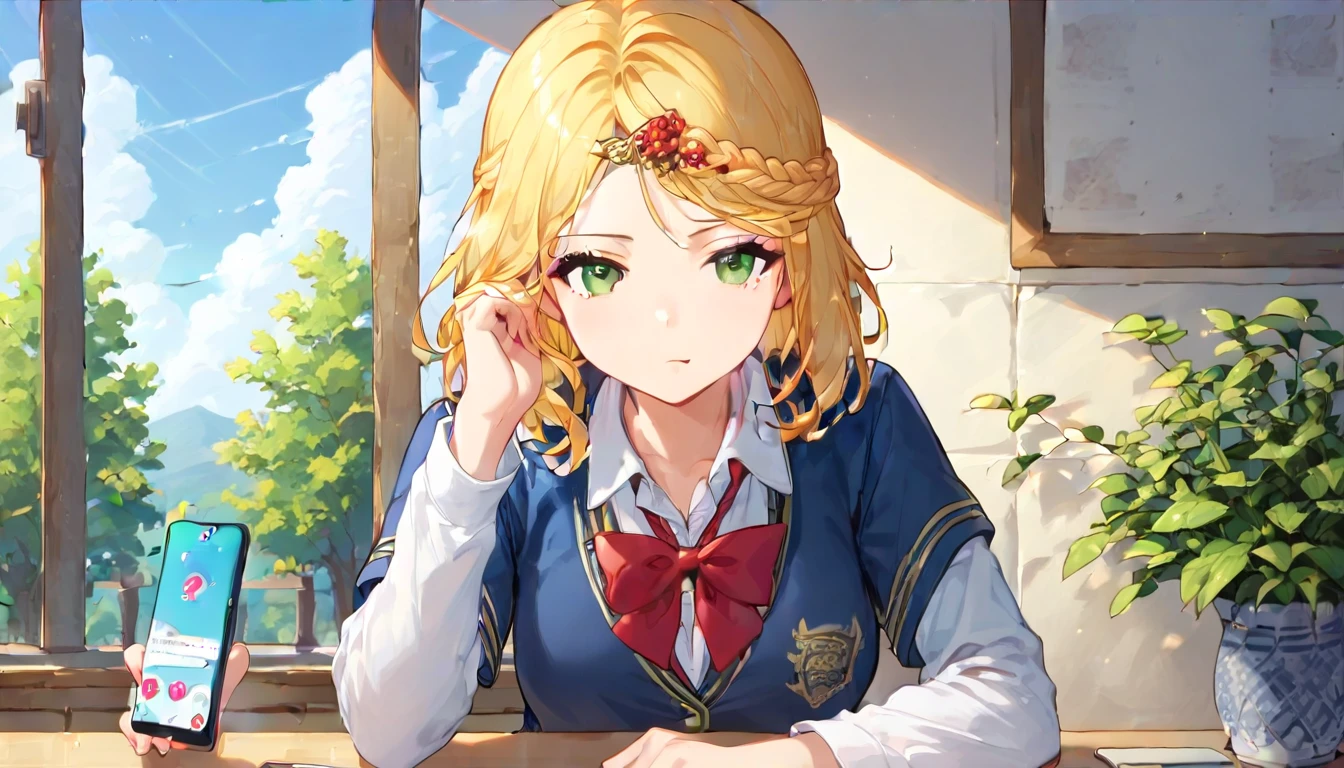 ((1girls:1.3)),((moe style:1.3)), ((school uniform:1.3)), ((bored look:1.3)), cowboy shot, ((phone:1.3)), ((skyrim:1.3)), ((perfect face)), ((extremely cute:1.3)), ((masterpiece:1.3)), ((8k)), ((best quality:1.3)), ((beautiful)), ((extremely detailed:1.3)) , ((absurdres)), ((score_9:1.3)), ((score_8_up:1.3)), ((score_7_up:1.3)), AddXL,Expressiveh